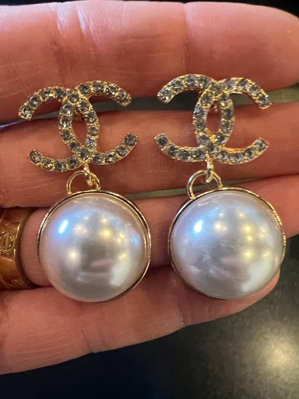 CHANEL Gold-Tone Crystal CC Drop Earrings with Large White Pearls